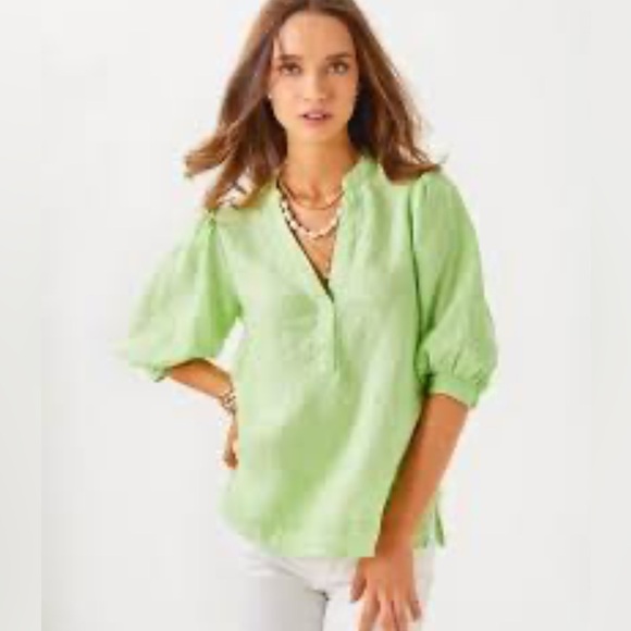 Lilly Pulitzer Tops - Lilly Pulitzer Light Green Mialeigh Linen Top - Jade Lime X